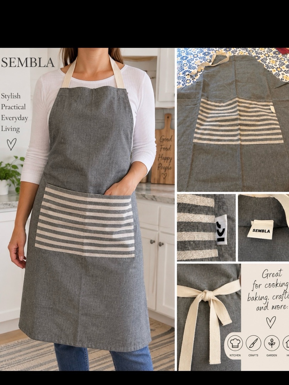 Sembla Gray Kitchen Apron Striped Front Pocket Cream Ties